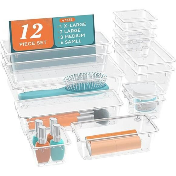 Clear Plastic Drawer Organizer Set 12pc Storage Bins Makeup Office Kitchen - Picture 1 of 7